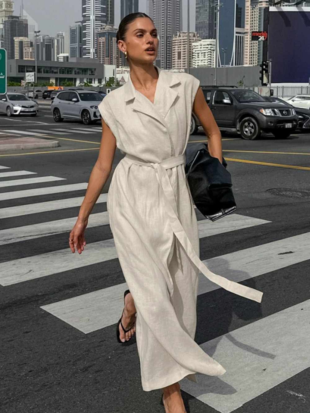 Forever 21 Work Linen Cotton Khaki Long Tie Waist Shirt Dress Spring Summer